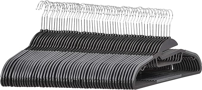 Amazon Basics Non-slip Heavy Duty Space Saving Plastic Hangers with Rubber and Horizontal Bar, Lightweight, Gray, Pack of 50