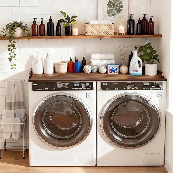 Washer Dryer Countertop 54 x 27.5 MDF Laundry Countertop Topper with Raised Edge, No Install Waterproof Non Slip Washer Dryer Top, Fits Front Load Machines, 200 lb Capacity, Walnut