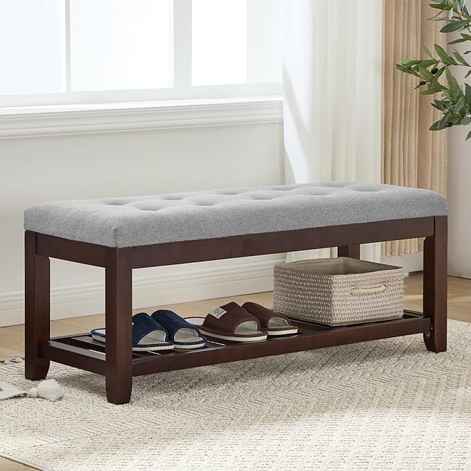 Shoe Bench Entryway, 44" End of Bed Bench,Upholstered Linen Bench for Living Room,Fabric Ottoman Bench with Solid Wood Shelf for Bedroom, Entrance Lightgrey