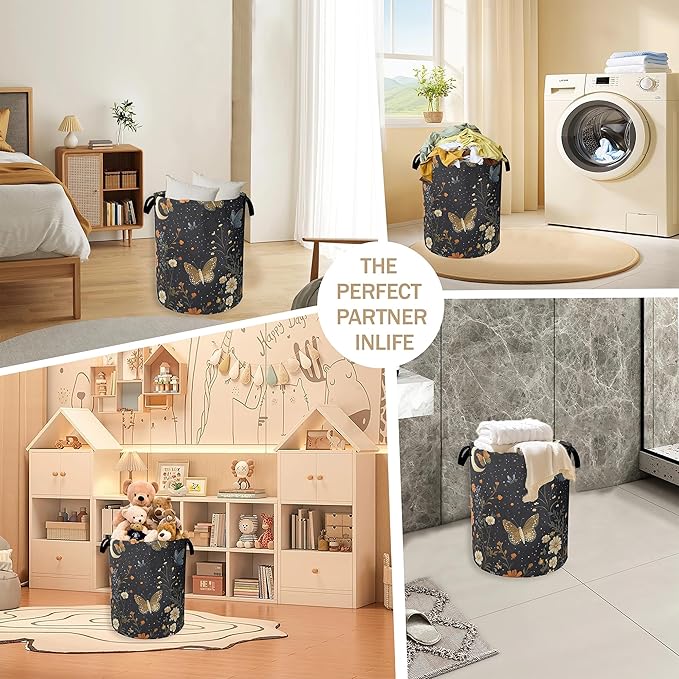 Rustic Wildflower Butterfly Laundry Hamper,Gothic Garden Moon Collapsible Laundry Baskets,Waterproof Oxford Cloth Laundry Room Organization for Bedroom,Bathroom,Nursery,16x20 Inch