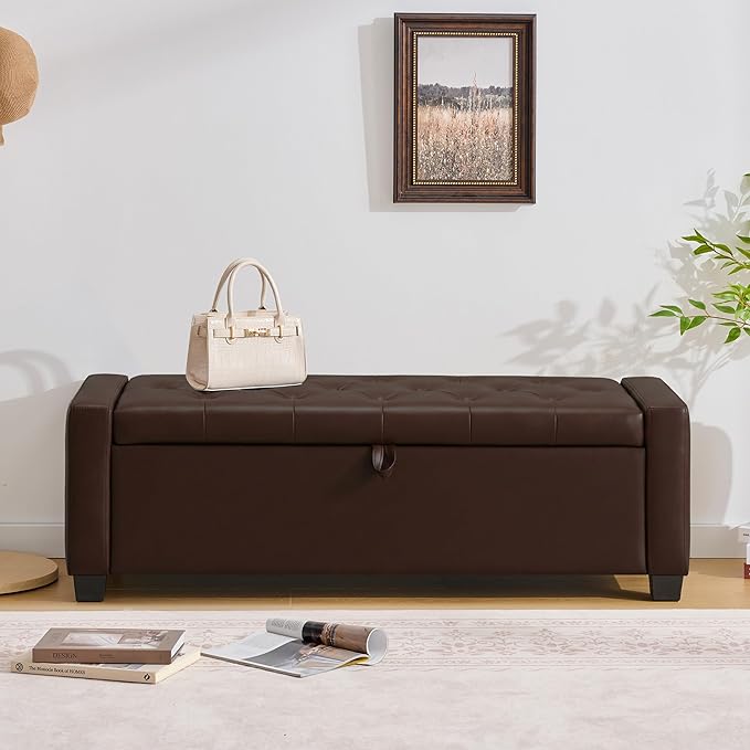 48" Ottoman with Storage, Storage Ottoman Bench with Safety Hinge, Upholstered Entryway Bench with Seating for Bedroom, Living Room, Holds up to 330 lb, Dark Brown