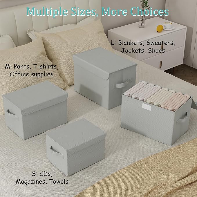 Fabric Storage Bin with Lid, Closet Boxes with Cover, Collapsible Stackable Organizer Basket with 2 Handles, for Home and Bedroom, 4 Pack, Grey, 10.2 x 7.9 x 6.7 In, XSNY12GS-4