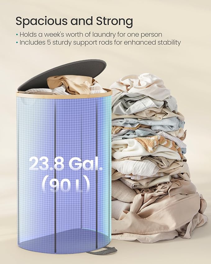 SONGMICS Laundry Hamper, Laundry Basket with Lid, 23.8 Gal. (90 L), with Removable Liner Bag, for Laundry Room, Bedroom, Living Room, Slate Gray and Light Bamboo ULCB547G01