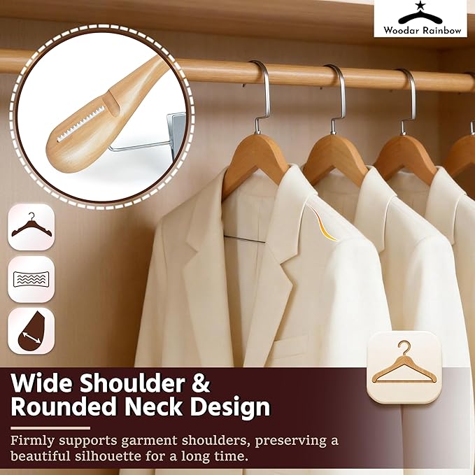 Luxury Wide Shoulder Wooden Coat Hangers with Pants Bar, Clips, Solid Wood Jacket Clothes Hangers Smooth Finish for Sweater Suit Dress Pants Sport Coats (Natural, 6 Pack)