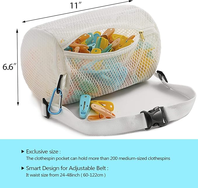 Honeycomb Mesh Zippered Clothespin Bag for clothesline, Waist Pack Many Ways to Wear, Breathable Fabric, Large Opening, Large-Capacity, Hanging Clothespin Holder Bag Storage Organizer with Hooks