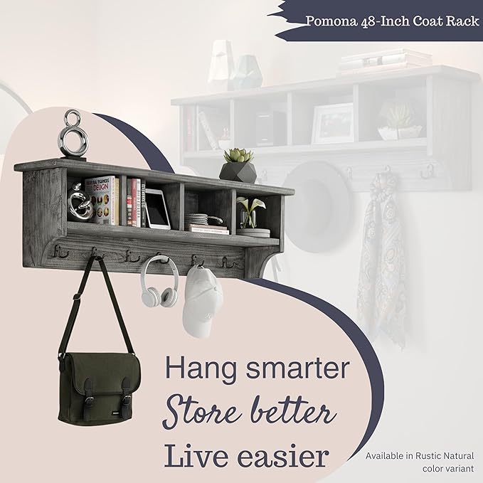 Alaterre Furniture Pomona Entryway Organizer – Rustic Industrial 48-Inch Wall-Mounted Coat Rack with 6 Double Hooks & 4 Open Cubbies – Solid Wood Mudroom Storage for Apartment or Hallway (Slate Grey)