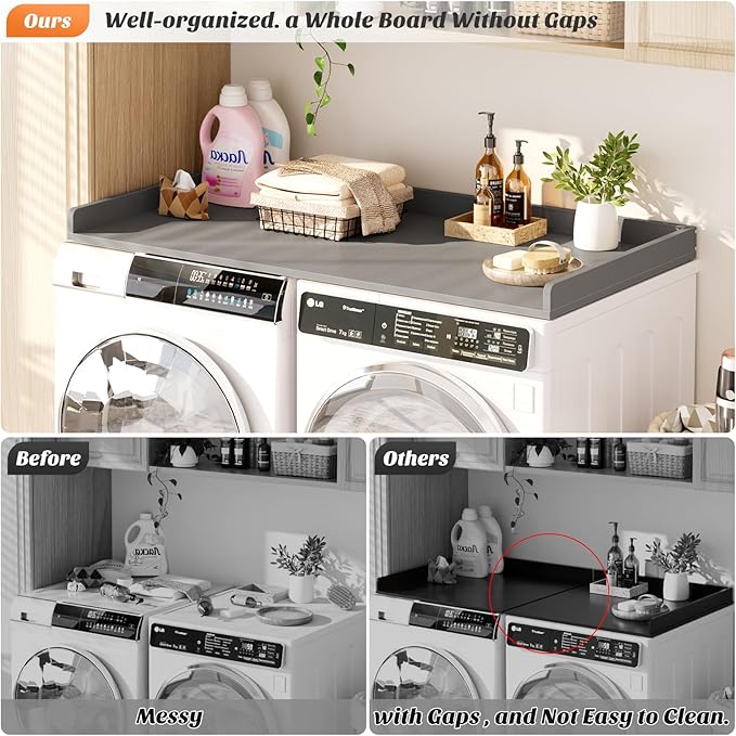 Aheaplus Washer and Dryer Countertop, Laundry Room Organization with Non-Slip Pads, Wood Shelf Topper with Round Corner Edge Rails, Folding Organizer for Laundry Storage, 54" W x 27.5" D, Grey