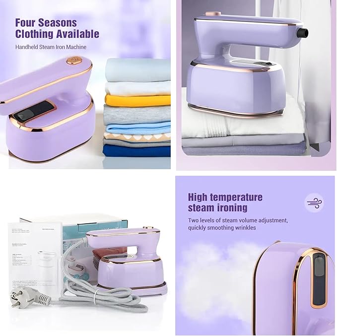 REBOLLITA Travel Steamer Iron for Clothes, 1000W handheld size portable Steamer Support Dry and Wet Ironing 180° small hand garment electric steam ironing machine for dress shirt travel (PURPLE)