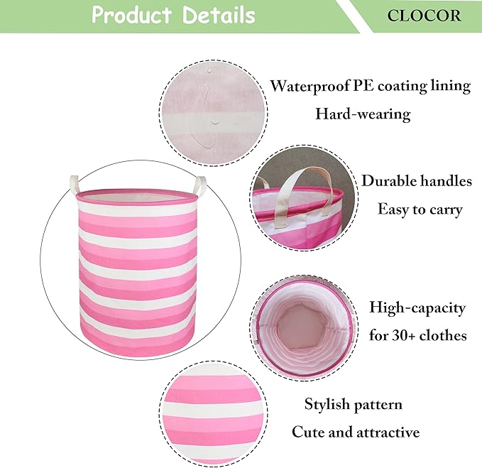 CLOCOR Pink Laundry Basket,Baby Girl Clothes Hamper for Nursery,Collapsible Toy Storage Bin with Handles, Room Decor,Waterproof Storage Basket(Pink Hamper)