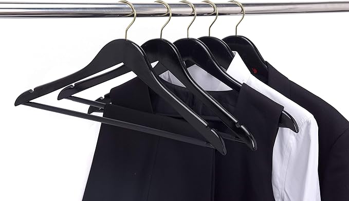 Quality Black Wooden Hanging Set - Curved Hangers with Stylish Chrome Hooks (Heavy-Duty, 10-Pack)