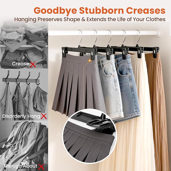 HOUSE DAY Pants & Skirt Hangers - 100 Pack Pants Hangers with Non-Slip Big Clips - Black Plastic Hanger for Shorts, Shirts, Jeans, Slacks, Clothes - Durable, Slim & Space Saving - 12 Inch