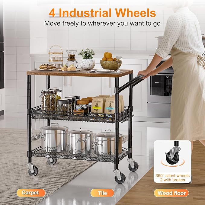 NTE Rolling Kitchen Carts on Wheels, 650Lbs Capacity 3 Tier Utility Cart with Wood Tabletop, Kitchen Storage Cart with 8 Hooks, Metal Serving Cart with Handle and Shelf Liners for Kitchen, Black