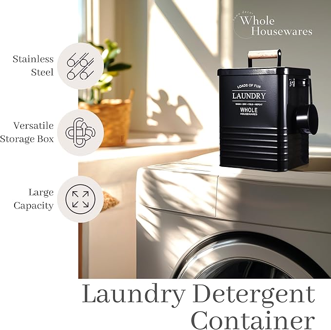 Whole Housewares Laundry Detergent Container - Tin Farmhouse Metal Laundry Powder Soap Dispenser With Scooper, Airtight Lid And Handles - Vintage Soap Pod Holder Storage Bin With Lid And Scent Holders