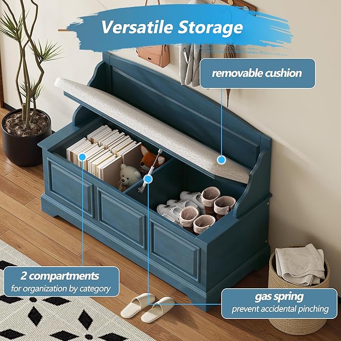 LUMISOL Shoe Storage Bench with Cushion, Farmhouse Entryway Bench with Soft-Close Devices and Hidden Storage, Upholstered Storage Ottoman for Living Room, Entryway, Bedroom, Antique Navy