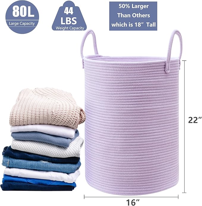 80L Extra Large Purple Hamper Laundry Basket for Nursery Kids16Dx22H inches Tall Lavender Blanket Basket for Girls Cotton Rope Lilac Clothes Hamper in Bedroom