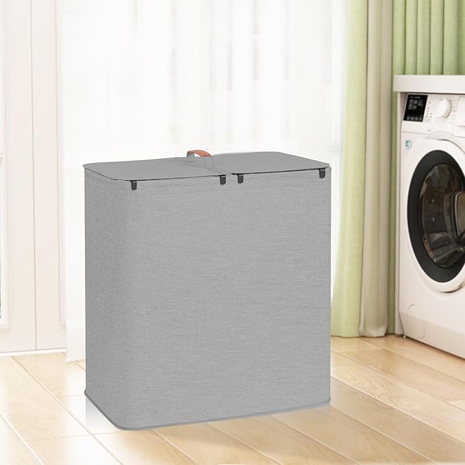 STORAGE MANIAC Double Laundry Hamper, 136L Laundry Sorter with Lid and Removable Bags, Clothes Hamper, Large 2 Section Clothes Basket with Handles for Small Space, Dorm, Closet, Bathroom, Gray