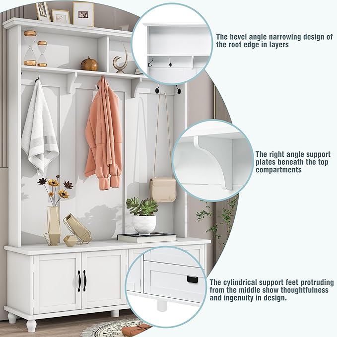 80.3" Tall Hall Tree with Storage Cabinet and 2 Large Drawers, Modern Wooden Coat Hanger with 5 Coat Hooks and 2 Open Shelfs, Storage Bench, Entryway Bench