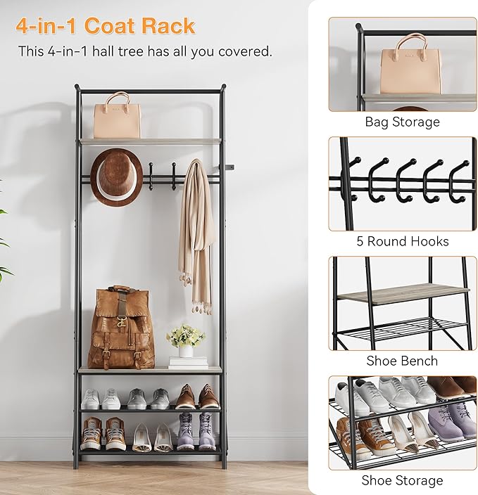 Coat Rack Shoe Bench with Single-Row 5 Hooks 60cm Width, 3-Tier Shelf Entryway Hall Tree with Storage, Metal Frame Multifunctional Organizer, 4-in-1 Coat Rack for Bathroom, Hallway.Grey.