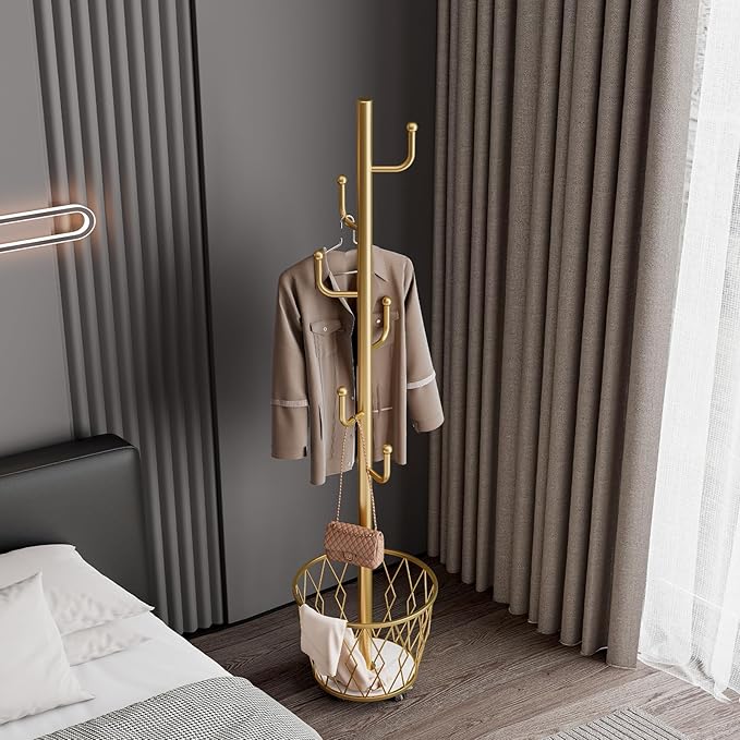 SYO Portable single-pole coat rack with 6 hooks and storage basket; floor-standing coat rack for bedroom and hallway; casters for easy movement; modern minimalist design.
