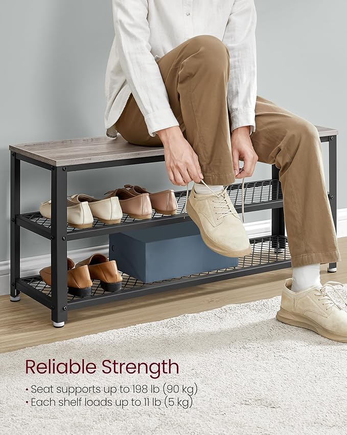 VASAGLE 3-Tier Shoe Rack, Shelf Storage Bench with Metal Mesh Shelves and Seat, Free Standing Shoe Organizer for Entryway, 11.8 x 39.4 x 17.7 Inches, Greige and Black ULBS078K01