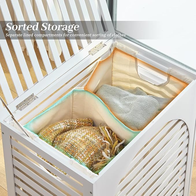 Laundry Hamper with Lid, Bamboo Clothes Laundry Basket with Handles, Removable 2-Section Liner bag, Hampers for Bedroom Aesthetic, Large Storage for Bath Towel, Sheets or Toys, Home (White)
