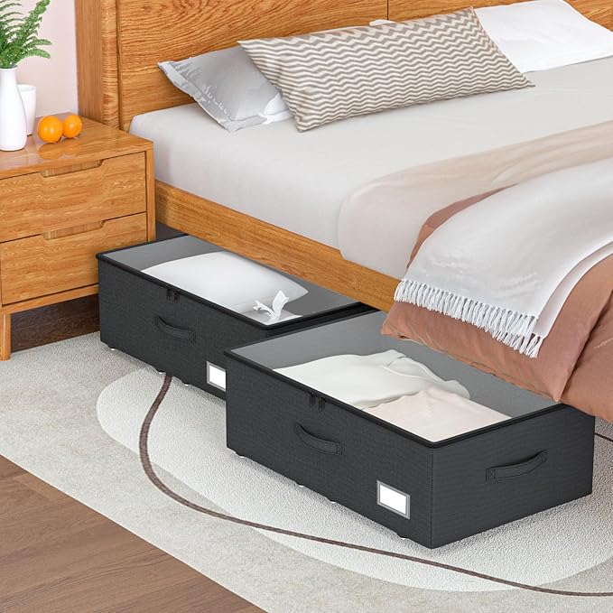 Underbed Storage With Wheels, No Assemble Required 12 inches Height Under bed Storage Bins,Large Capacity Rolling Shoe Storage Containers，Dorm clothes Storage