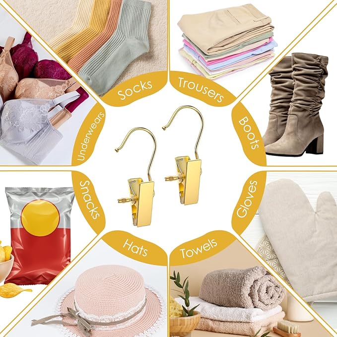 50 Pack Gold Boot Hangers for Closet, Pants Hangers with Clips Portable Travel Hanges Space Saving, Boot Clip Hooks for Hanging Clothes Pins Leggings Hangers Laundry Towels Hat Bra Socks Jean
