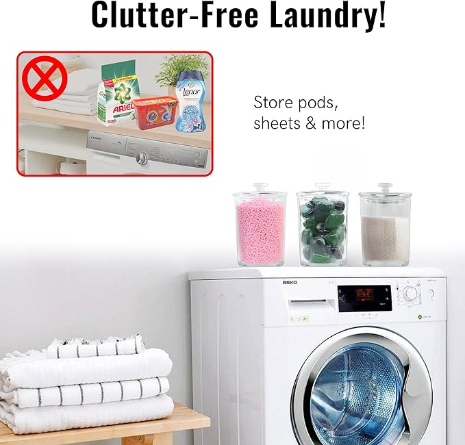 Skywin Small Plastic Laundry Jars with Lid 4.3 x 4.3 x 7.7 Inches, Laundry Detergent Jar for Laundry Room, Dishwasher Pod Container (Clear)