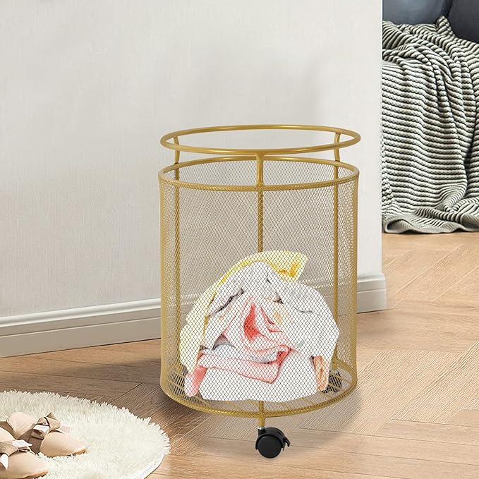 Rolling Laundry Basket Cart, Metal Laundry Basket with Wheels Standing Laundry Hamper Cart with Large Capacity Mobile Storage Cart Gold for Bedroom Bathroom Balcony