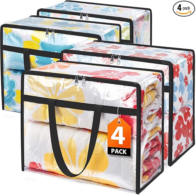 Clear Clothes Storage Bags, 4 Pack Closet Organizers and Under Bed Storage Containers, Foldable Moving Bags with Zippers for Comforter, Blanket, Bedding, Duvet, PVC Packing Bags 90L