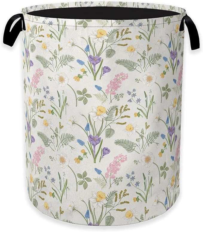 Collapsible Laundry Basket,Wildflower Dirty Clothes Hamper,Colorful Floral Leaves Hampers for Bedroom Waterproof Oxford Cloth Storage Organizer for Bathroom,Nursery,Dorm,16x20 Inch
