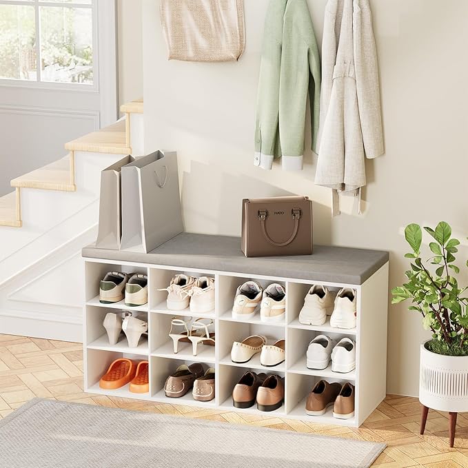 12-Cubby Shoe Rack with Cushion, 3-Tier Wood Shoe Organizer, Multifunctional Shoe Organizer Bench for Entryway, Mudroom, Hallway, Closet,36.22 * 11.81 * 17.7 Inch, White