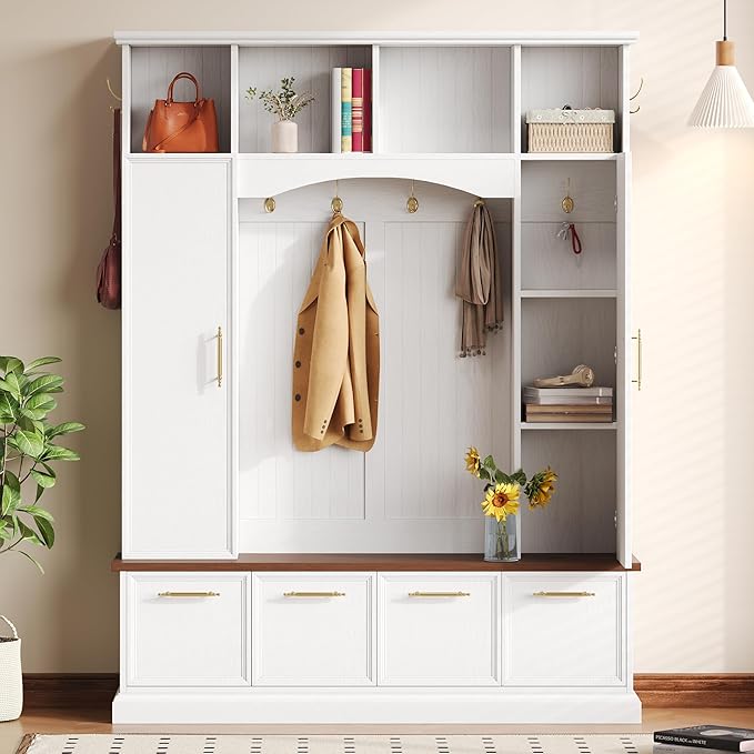 Versatile Hall Tree with Golden Hooks and 2 Doors, 5-in-1 Wood Coat Rack Entryway Shoe Cabinet with Bench& Adjustable Shelves, Functional 59'' Wide Hall Tree for Entrance Hallway (White-8.2)