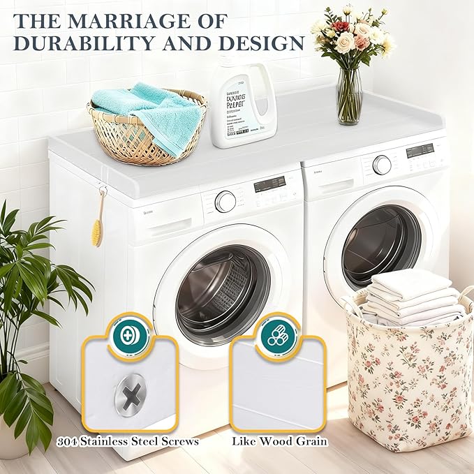 HDPE Washer Dryer Countertop, 54" x 27" Laundry Countertop with 2 Hooks & Non-Slip Pads, Washer and Dryer Topper for Laundry Room Organization, No-Installation (White)