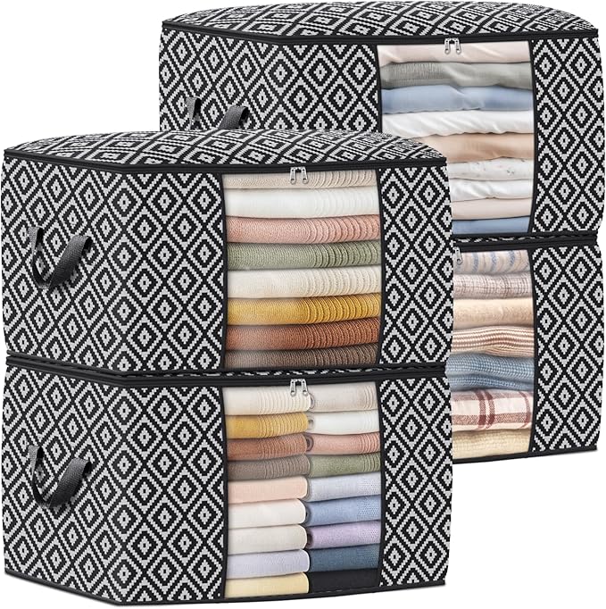 Direct 100L, 4 Pack, Storage Containers, Large Clothes Storage Bins Foldable Organization and Storage Bags with Reinforced Handle, Clear Window for Bedding, Blankets, Clothing, Black