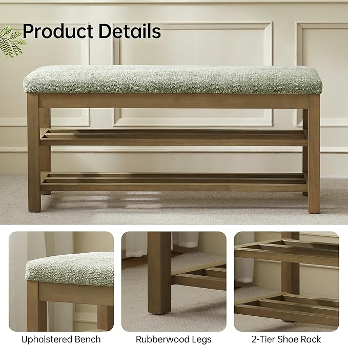 VKNOW 44.3” Wooden Entryway Bench, 2-Tier Upholstered Shoe Bench for Bedroom, Storage End of Bed Bench with Rubberwood Legs for Living Room, Hallway, Green