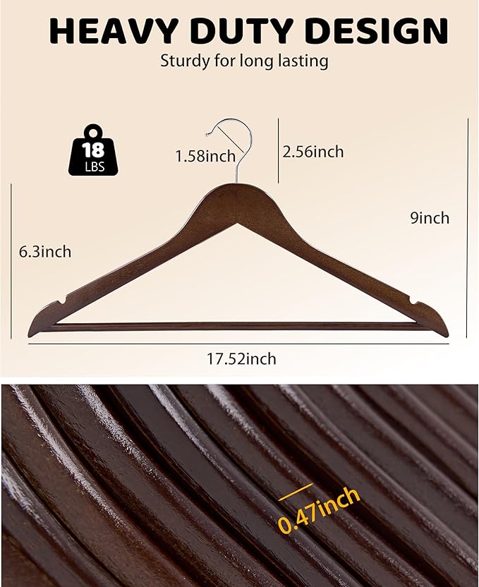 Wooden Hangers 30 Pack, Smooth Wood Hangers with 360 Swivel Hook & Notches, Solid Coat Hangers Wooden for Closet, Walnut
