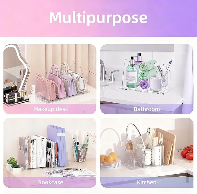 ANTOWIN 2 Pack Clear Purse Organizers for Closet, Adjustable Shelf Divider, Handbag Separators Storage Organizer, Shelf Divider in Bedroom, Office, Kitchen