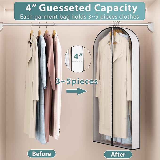 50” Garment Bags for Hanging Clothes 4” Gusseted - with Clear Window, Breathable Fabric, Metal Zipper, Suit Coat Long Dress Protector for Clothes Closet storage, Season Off, Moving, 5 Pack