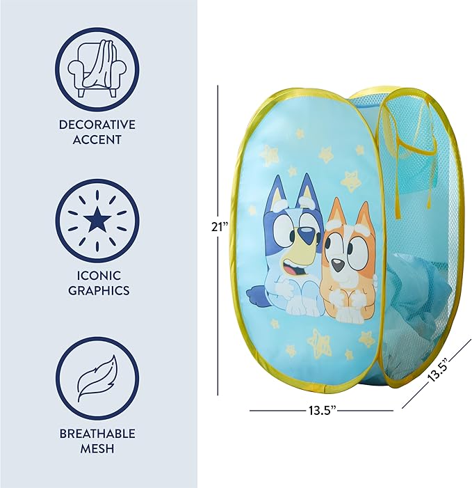 Bluey Pop-Up Hamper with Carry Handles – 21" x 13.5", Bluey and Bingo Design, Lightweight & Collapsible Laundry Basket for Kids’ Bedroom, Bathroom, or Playroom