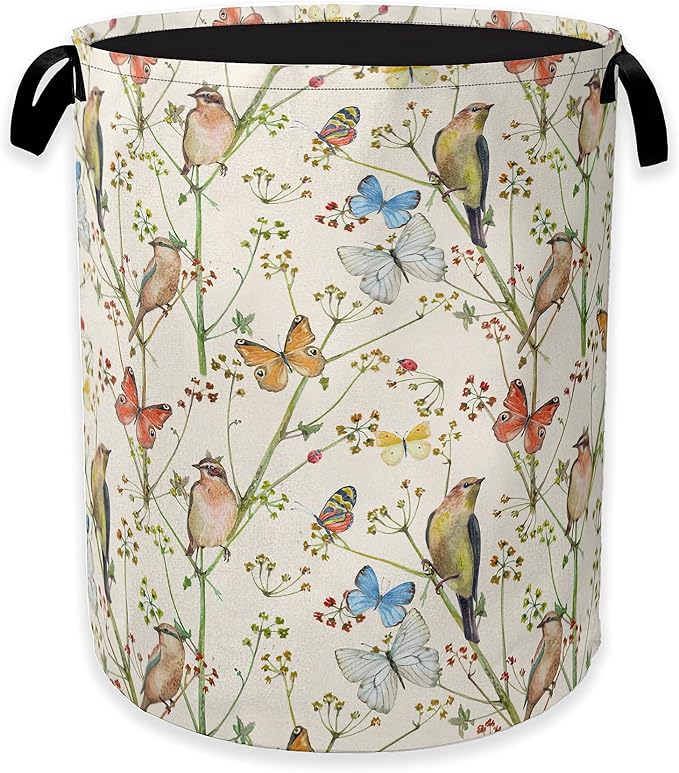 Laundry Hamper,Watercolor Bird Laundry Basket,Spring Flower Butterfly Portable Collapsible Laundry Room Organization Storage for Dorm Room,Nursery,Bathroom,Bedroom,16x20 Inch
