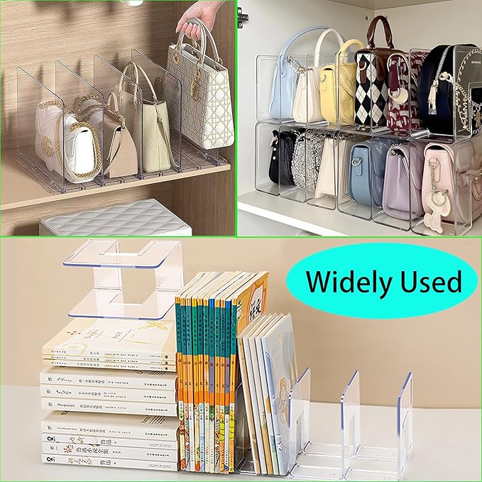 2 PCS Acrylic Purse Organizer for Closet, 8-Slot Bag & Purse Organizer, No Assembly, Clear Handbag Storage Shelf for Shelf Divider Handbags, Clothes, Sweater