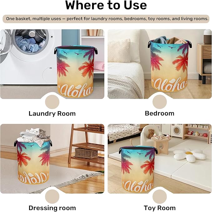 Hawaiian Sunset Foldable Canvas Laundry Basket with Handles - Storage Organizer, Heavy Duty for Home，Bedroom, Dorm, Bathroom