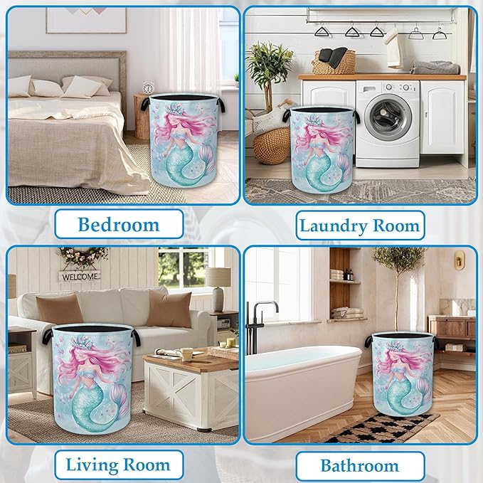 Cartoon Mermaid Laundry Basket Collapsible Laundry Hamper Clothes Toy Storage Bin for Bathroom Bedroom Room Decor 16" X 20.8"