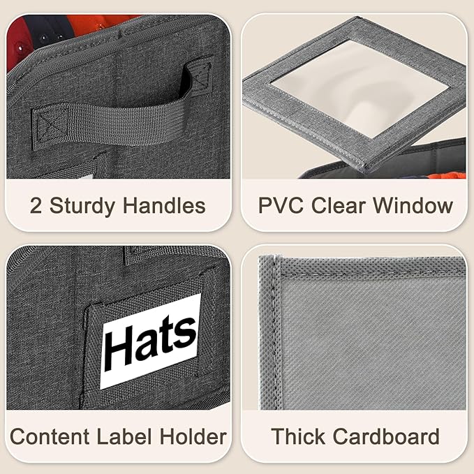 Dofilachy 2 Pack Stackable Hat Storage for Baseball Caps, Holds 28 Caps - Closet Organizer Box with Clear Window & Cardboard，Sturdy Snapback Hat Boxes for Home Storage (Linen Grey, 2 Pcs)