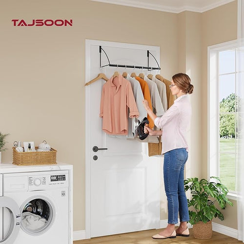 Tajsoon Over The Door Hanger Expandable & Adjustable, Over Door Clothes Hanger Rack for Towel & Coat, Bathroom Over Door Clothes Rack Hooks for Bedroom, Washroom, Fits Doors up to 1¾”, Metal, Black