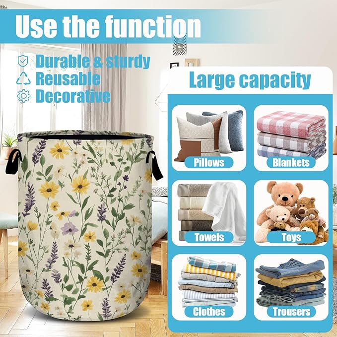 Daisy Lavender and Buttercups Laundry Basket, Laundry Hamper Collapsible Oxford Cloth with Handle Clothes Toy Storage Bin for Bathroom Laundry Room Bedroom 15.7 X 20 Inch
