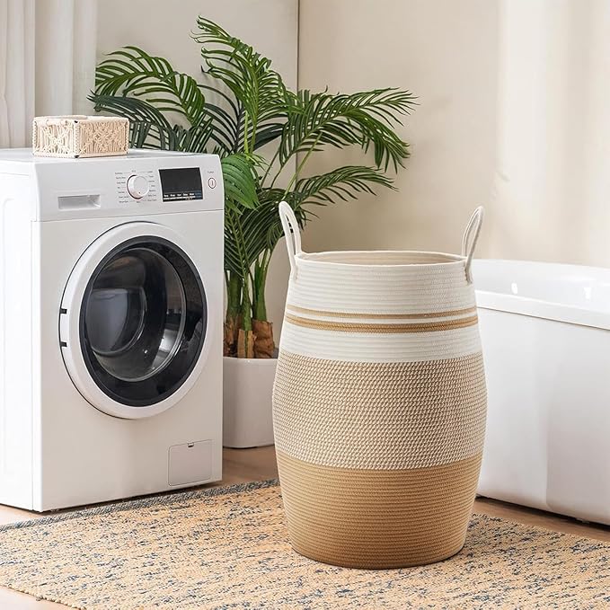 Fiona's magic 105L Extra Large Laundry Hamper Basket, Woven Tall Clothes Hamper for Storage Blanket, Toys and Dirty Cothes in Bedroom and Living Room Organizer, Yellow & White