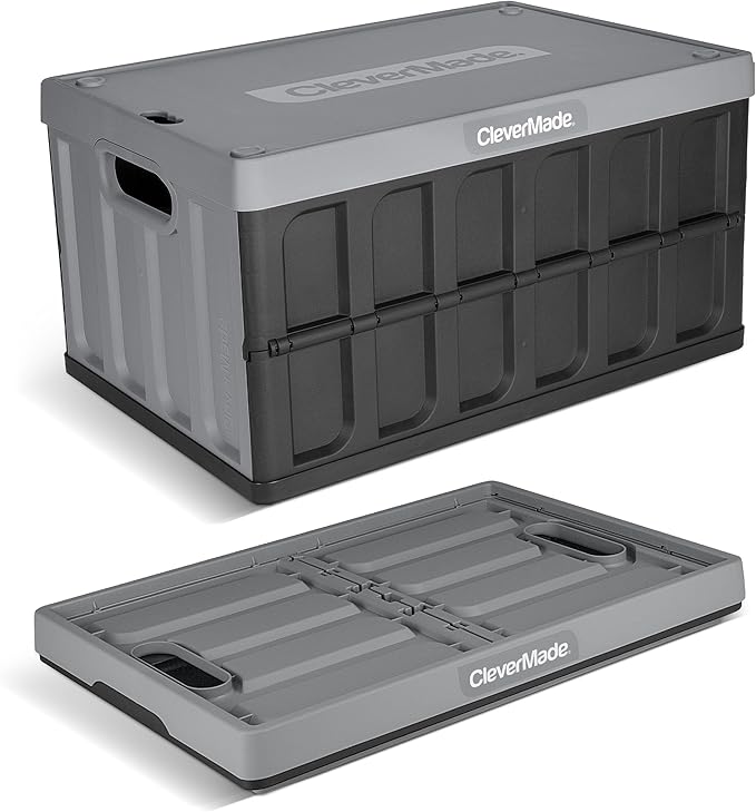CleverMade Collapsible Storage Bins with Lids - Stone 1 Pack 62L - Plastic Container Stackable Organization Crate for Home - Closet Space-Saving Durable