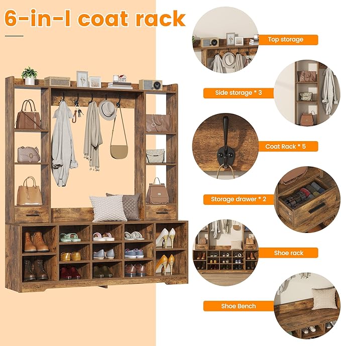 Semoic 61.6” Farmhouse Hall Tree with 2 Independent Drawers,6-in-1 Entryway Bench with Coat Rack Adjustable Shoe Storage for Foyer/Hallway,Retro